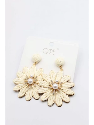 Hasır Çiçek Küpe - Krem