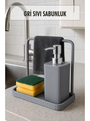 Havluluklu Sıvı Sabunluk & Havlu Asma Aparatlı Sıvı Sabunluk Gri 400 ml