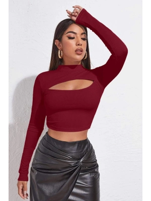 Kadın Bordo Göğüs Dekolteli Uzun Kollu Cut Out Crop Top Bluz