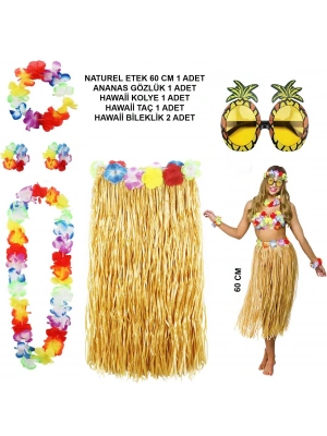 Hawaii Parti Kostüm Seti - 60 Cm Hasır Etek, Çiçekli Aksesuarlar Ve Ananas Gözlük