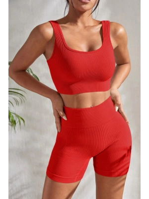 Kadın Kırmızı Kalın Askılı Yüksek Bel Şortlu Gecelik Takımı