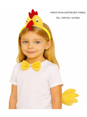 Horoz – Tavuk Kostüm Aksesuar Seti - Taç Papyon Kuyruk