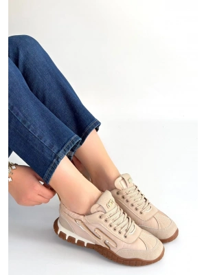 Huer Bej Nubuk Bağcıklı Spor Ayakkabı