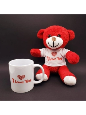 I Love You Baskılı Kupa ve Kırmızı Ayıcık Seti