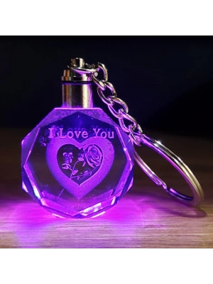 I Love You Kalp İçinde Gül Renk Değiştiren Kristal Anahtarlık