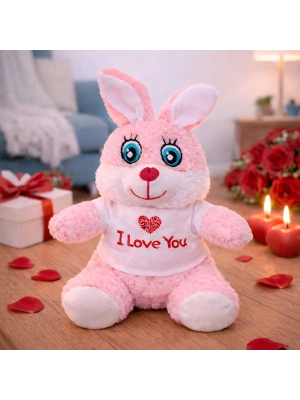 I Love You Tişörtlü Sevimli Pembe Peluş Tavşan