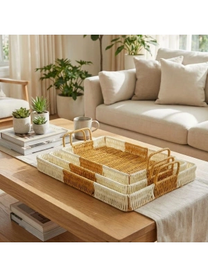 ®  İç İçe Geçebilen 3’lü Dikdörtgen Plastik Rattan Tepsi Seti–Çift Renkli Hasır Görünümlü Çok Amaçlı Servis ve Sunum Tepsileri