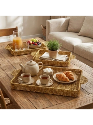 ®  İç İçe Geçebilen 3’lü Dikdörtgen Plastik Rattan Tepsi Seti–Hasır Görünümlü Çok Amaçlı Servis ve Sunum Tepsileri