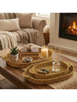 ®  İç İçe Geçebilen 3’lü Oval Plastik Rattan Tepsi Seti–Hasır Görünümlü Çok Amaçlı Servis ve Sunum Tepsileri