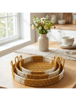 ®  İç İçe Geçebilen 3’lü Yuvarlak Plastik Rattan Tepsi Seti–Çift Renkli Hasır Görünümlü Çok Amaçlı Servis ve Sunum Tepsileri