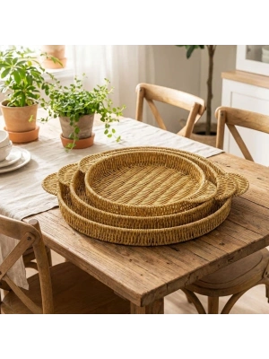 ®  İç İçe Geçebilen 3’lü Yuvarlak Plastik Rattan Tepsi Seti–Hasır Görünümlü Çok Amaçlı Servis ve Sunum Tepsileri