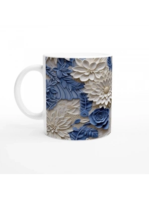 İnci ve Mavi Rölyef Çiçek Desenli Kupa Bardak