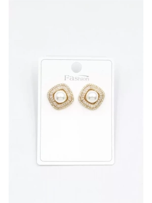 İncili Baget Taşlı Küpe - Altın