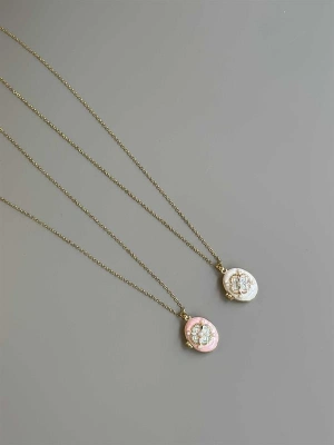 İncili Etnik Desen Kapaklı Kolye - Pembe