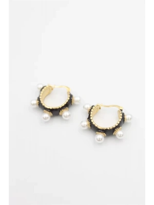 İncili Mineli Halka Küpe - Siyah