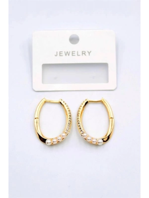 İncili Taşlı Halka Küpe - Altın