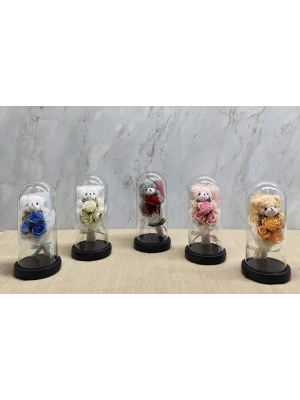 Işıklı Müzikli Fanus içinde Sevimli Ayıcıklı Gül Buketi