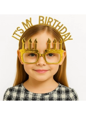 İt's My Birthday Yazılı Taç Ve Mum Şekilli Gözlük Seti Altın Renk