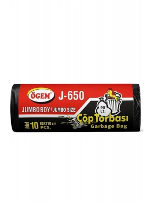 J-650 Jumbo Boy Çöp Torbası 80 x 110 cm 10 Lu Rulo x 1 Paket = 10 Adet (Siyah)