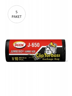 J-650 Jumbo Boy Çöp Torbası 80 x 110 cm 10 Lu Rulo x 5 Paket = 50 Adet (Siyah)