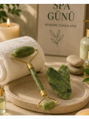 Jade Stone Yüz Bakım Seti Gua Sha ve Roller Masaj Taşı