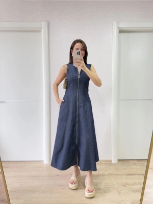 Jeans Kot Önü Tam Fermuarlı   Uzun Elbise - Mavi