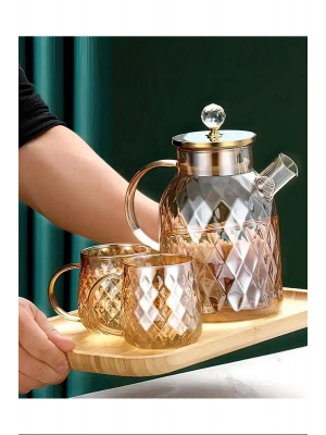 Kabartmalı Bambu Kapaklı Borosilikat Cam Demlik 1500ml Royaleks-CM-2005