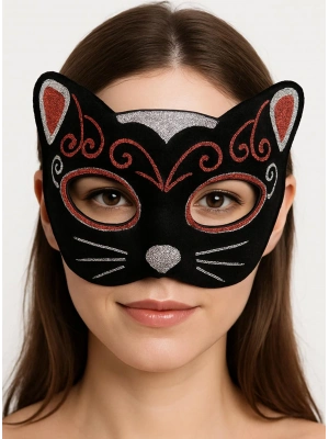 Kadife Dokulu Sim Detaylı Işıltılı Kedi Maskesi Kırmızı Gümüş 20x13 Cm