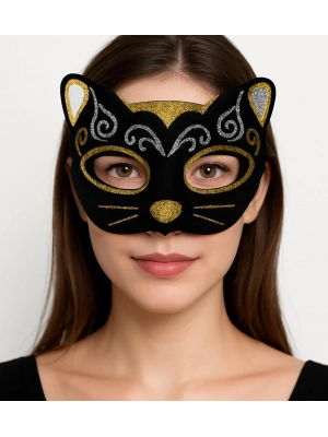 Kadife Dokulu Simli Kedi Maskesi Altın Gümüş Detaylı