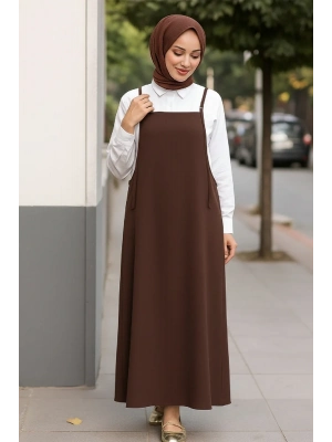 Kadın Acı Kahverengi Basic Ayarlanabilir Askılı Jile Elbise