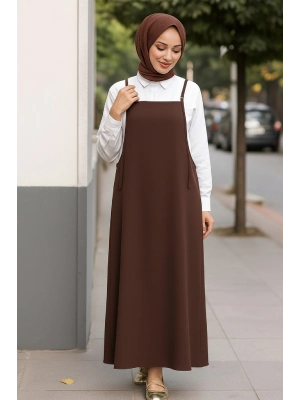 Kadın Acı Kahverengi Basic Ayarlanabilir Askılı Jile Elbise