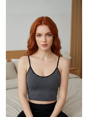 Kadın Anstrasit Gri İp Askılı Crop Top Bluz