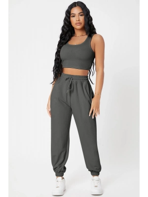 Kadın Antrasit Gri Kaşkorse Cepli Jogger Eşofman Altı ve Crop Top Bluz