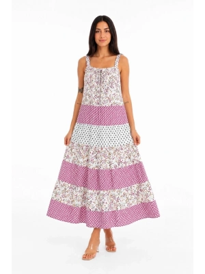 Kadın Askılı Çiçek Desenli Keten Kumaş Kat Kat Salaş Maxi Elbise - Pembe