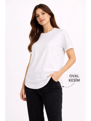 Kadın Basic T-Shirt Kısa Kol Bisiklet Yaka Oval Kesim Tişört - Beyaz