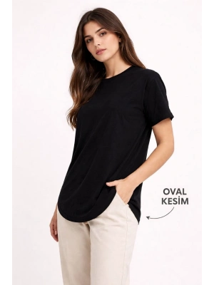 Kadın Basic T-Shirt Kısa Kol Bisiklet Yaka Oval Kesim Tişört - Siyah