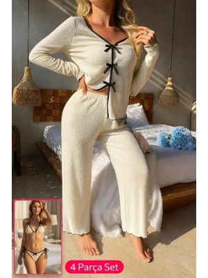 Kadın Beyaz Fiyonklu İç Çamaşırı ve Uzun Kollu V Yaka Pijama Takımı 4lü Set