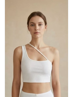 Kadın Beyaz Tek Omuzlu Çapraz Askılı Crop Top Büstiyer