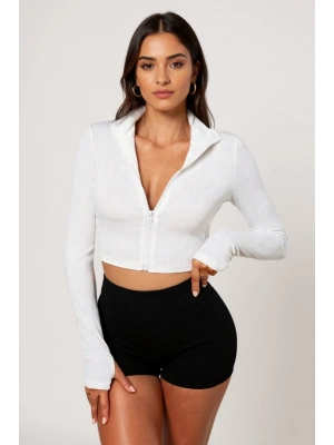 Kadın Beyaz Uzun Kol Fermuarlı Parmak Geçme Detaylı Dik Yaka Crop Top Bluz
