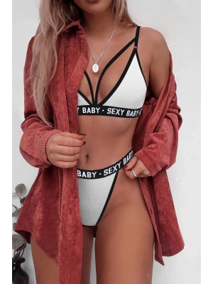 Kadın Beyaz Yazı Detaylı Ipli Sütyen Takımı