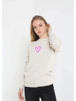 Kadın Bisiklet Yaka Kazak Baskılı Dokuma Triko - Bej