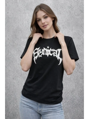 Kadın Bisiklet Yaka Ön Baskılı  Kısa Kollu Tişört Streetwear Günlük Basic Pamuklu T-shirt - Siyah