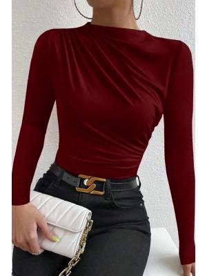 Kadın Bordo Belden ve Boyundan Büzgü Detaylı Uzun Kollu Bluz