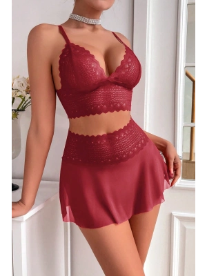 Kadın Bordo Dantel ve Tül Detaylı Etekli Şık Gecelik Takımı