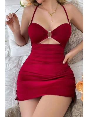 Kadın Bordo Drapeli Dekolteli Taş Halka Detaylı Şık Mini Gecelik