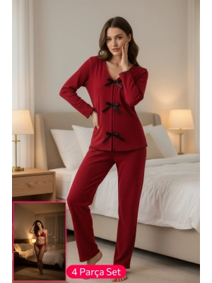 Kadın Bordo Fiyonklu İç Çamaşırı ve Uzun Kollu V Yaka Pijama Takımı 4lü Set