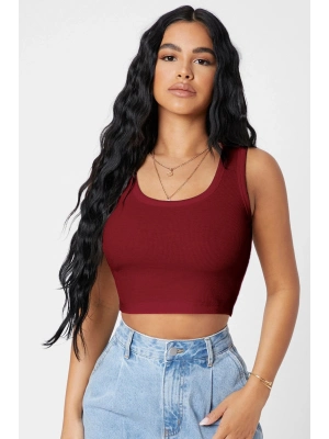 Kadın Bordo Kare Yaka Crop Top Bluz