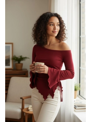 Kadın Bordo Uzun İspanyol Kollu Asimetirik Yaka Yandan Bağlamalı Drapeli Bluz