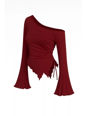 Kadın Bordo Uzun İspanyol Kollu Asimetirik Yaka Yandan Bağlamalı Drapeli Bluz
