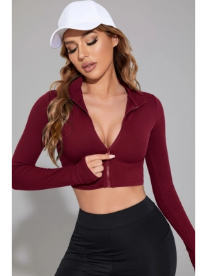 Kadın Bordo Uzun Kol Fermuarlı Parmak Geçme Detaylı Dik Yaka Crop Top Bluz